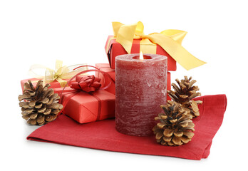Beautiful Christmas composition with aroma candle on white background