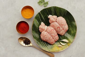 Uncooked Goat brain or Bheja or Mutton Brain.Perfect to cook bheja fry or bheja masala. Indian cooking ingredients. Copy space.