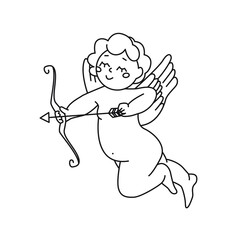 Black and white drawing of cupid. Drawn by hand. Clip art. Suitable for postcards, flyers, banners, invitations. Vector illustration for art therapy, antistress coloring book for adults and children.