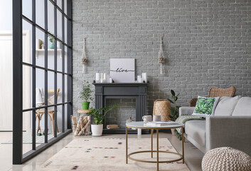 Interior of modern living room with fireplace