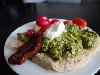 pancake with cheese and green pesto
