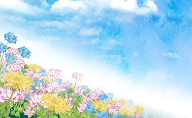 春の花畑の風景　水彩イラスト