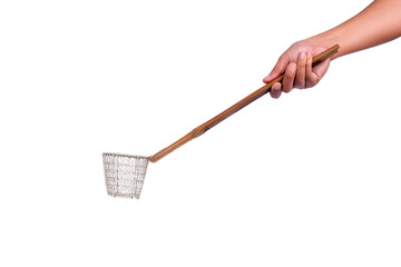 Hand holding Wire noodle strainer with Long bamboo handle isolated on white background