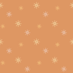Seamless pattern in yellow snowflakes on light orange background for fabric, textile, clothes, tablecloth and other things. Vector image.