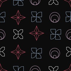 Seamless geometric pattern of colored linear shapes on a dark background