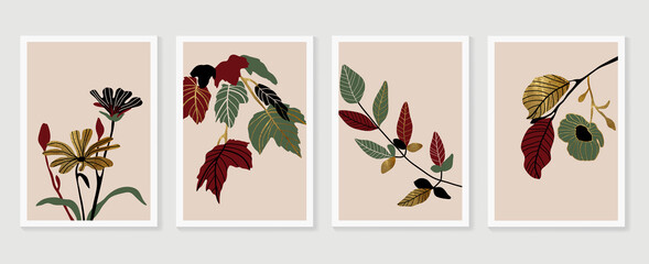 Botanical and gold abstract wall arts vector collection.  Golden and luxury pattern design with leaves line arts, Hand draw Organic shape design for wall framed prints, canvas prints, poster, home dec