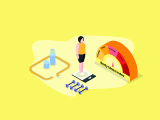 Woman on diet measuring weights isometric 3d vector concept for banner, website, illustration, landing page, flyer, etc.