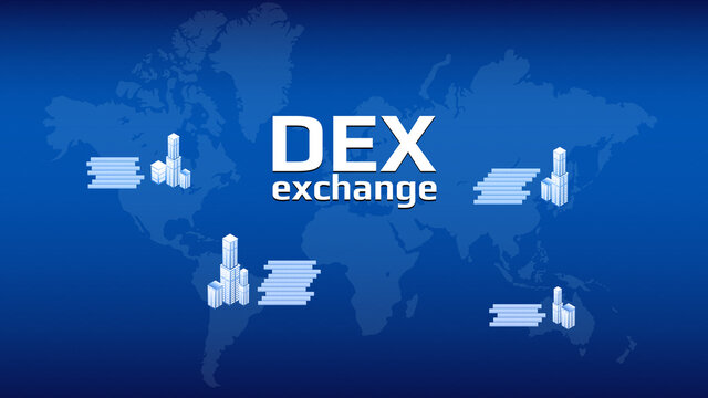DEX decentralized exchange in different cities with world map on blue background. DEX allows you to exchange cryptocurrencies without intermediaries.