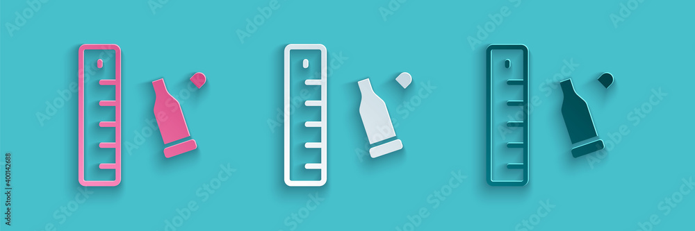 Poster paper cut bullet casing as a piece of evidence placed with forensic ruler for documentation icon iso