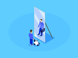 Boy looking at his future self isometric 3d vector concept for banner, website, illustration, landing page, flyer, etc. © Creativa Images