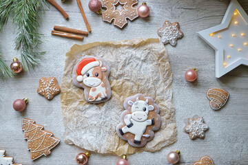 two Christmas gingerbread in glaze in the form of bulls, Christmas symbols 2021, on a white table with New Year's decor, horizontal