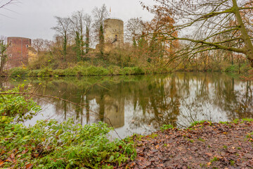 Lake with the reflection in the surface of the water of the Stein castle tower in the background,...