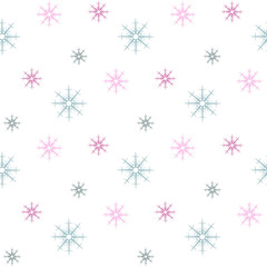 Seamless pattern in pink and discreet blue snowflakes for fabric, textile, clothes, tablecloth and other things. Vector image.