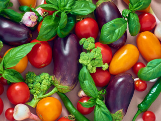 Flat lay composition with fresh vegetables.