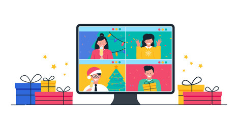 Online christmas celebration. People video calling on christmas due to coronavirus. 