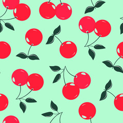 Modern seamless cherry pattern. Large bright berries on a blue background. fashionable design for scrapbooking, fabric, wallpaper. Vector illustration.