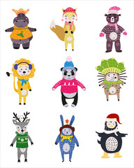 Christmas Animals set cute hippo, fox, bear, lion, panda, hedgehog, deer, rabbit, penguin Hand drawn collection characters illustration vector