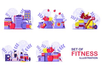 A collection of illustrations of the concept of fitness and other diet programs. Tiny people illustration . Vector illustration