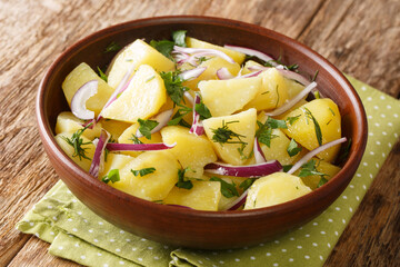 Delicious pieces of boiled potatoes served with red onions, herbs and olive oil close-up in a bowl on the table. horizontal