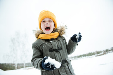Cute a boy in warm yellow hat and gray overcoat walking in winter the forest.