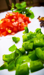 Cut veggies capsicum bell pepper tomato onion mint