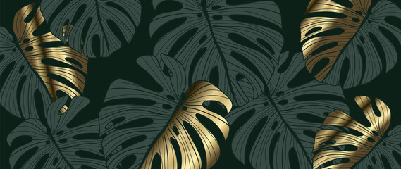 Luxury gold and nature green background vector. Floral pattern, Golden split-leaf Philodendron plant with monstera plant line arts, Vector illustration. © TWINS DESIGN STUDIO