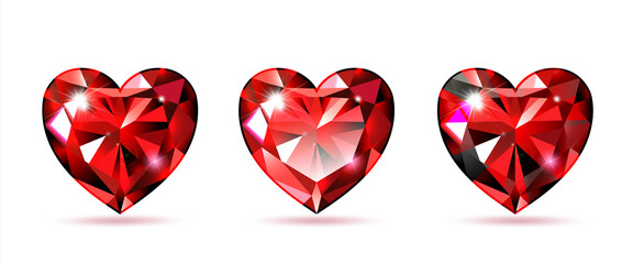 Set Rubin in the shape of a heart. Red gemstone, decor for Valentine s Day, International Women s Day. Isolated on a white background. 3d realistic vector illustration.