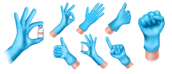 Set of medical protective gloves made of blue latex. Doctors hand gestures Ok, okay, hand with an ampoule with a bottle of COVID-19 vaccine. Isolated on a white background. 3d realistic vector.