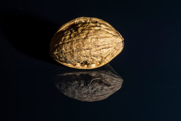 Single walnut isolated on black background. Close up. Macro.