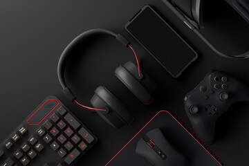 Top view of gamer workspace and gear like mouse, keyboard, joystick, headset, VR