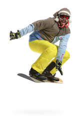 Fototapeta na wymiar Male snowboarder on white background