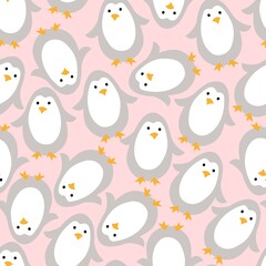 Fototapeta na wymiar Seamless winter background with a cute penguin on a pink background. Isolated vector objects. Festive Christmas illustration for fabric, wallpaper, clothing, covers, packaging.