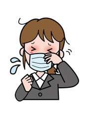 目がかゆく困っているスーツ姿の若いOL女性