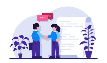 Smart contract. Business people handshake. Conclusion of a contract, successful partnership. Work employment application. Modern flat illustration.