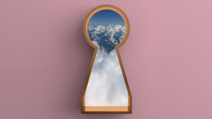 3D rendering of The golden keyhole window overlooks White clouds and beautiful sky Look beyond the horizon Gives a feeling of soft and drift. Isolated on pastel pink background, Unlock life.