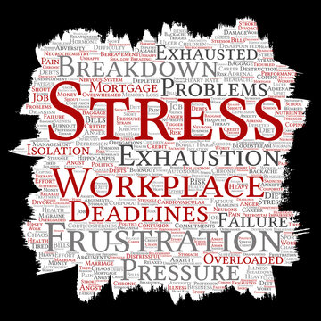 Vector conceptual mental stress at workplace or job pressure paint brush or paper word cloud isolated background. Collage of health, work, depression problem, exhaustion, breakdown, deadlines risk