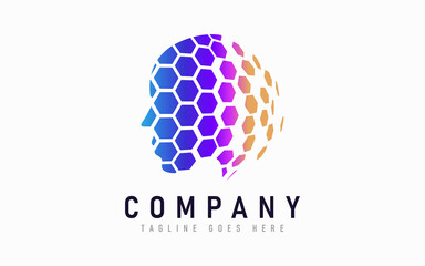 Abstract Human Logo Combine With Digital Hexagon Pieces. Usable For Business, Community, Industrial, Security, Tech, Services Company. Vector Logo Design Illustration.