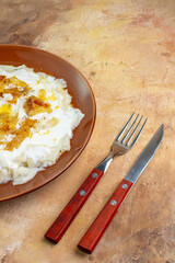 front view tasty dough slices with yogurt on a light background dish pasta calorie
