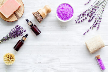 Obraz na płótnie Canvas Flat lay of spa lavender treatments - cosmetic pharmacy products