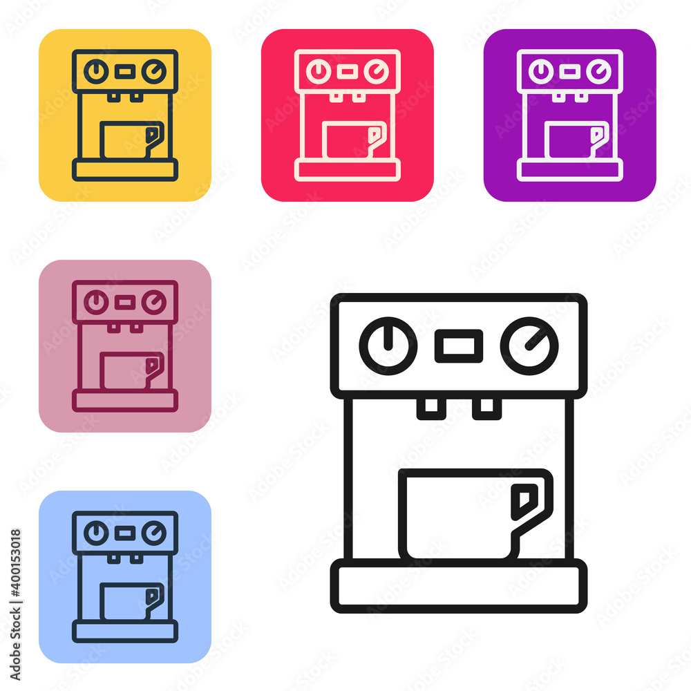 Poster Black line Coffee machine icon isolated on white background. Set icons in color square buttons. Vector.