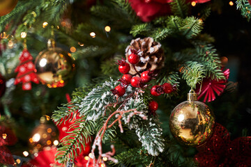 close-up of a snow-covered branch of a Christmas tree with red berries, a pine cone and golden toys
