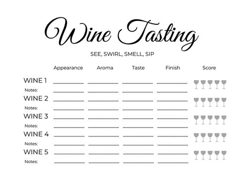 Wine Tasting Score Card. Stationary For Wine Themed Party, Winery, Restaurant, Etc. Easy To Edit Vector Template.