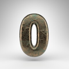 Number 0 on white background. Bronze 3D number with oxidized scratched texture.