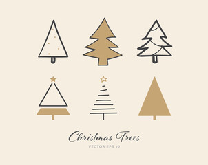 Christmas tree icon set of 6 designs on beige color background