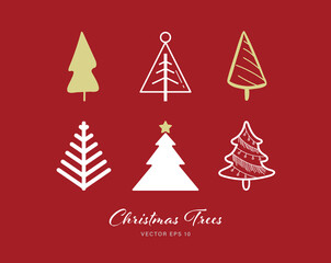 Christmas tree icon set of 6 designs on red color background