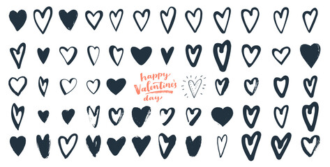 Happy Valentine's Day calligraphy. Set of bohemian hand drawn hearts. Boho style hand lettered modern calligraphy card. EPS 10 vector vintage illustration