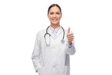 medicine, profession and healthcare concept - happy smiling female doctor in white coat showing thumbs up
