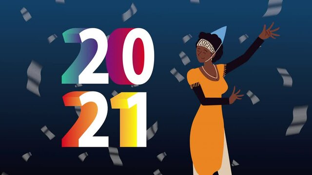 happy new year 2021 celebration with numbers and afro woman celebrating