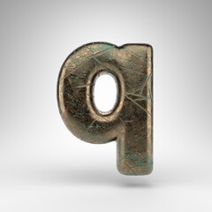 Letter Q lowercase on white background. Bronze 3D letter with oxidized scratched texture.