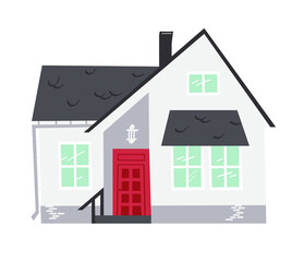Hand Drawn Cartoon House on White Background Isolated. Flat style illustration Cozy Home. Little Vector Cottage Drawing. Creative Digital  Art Work